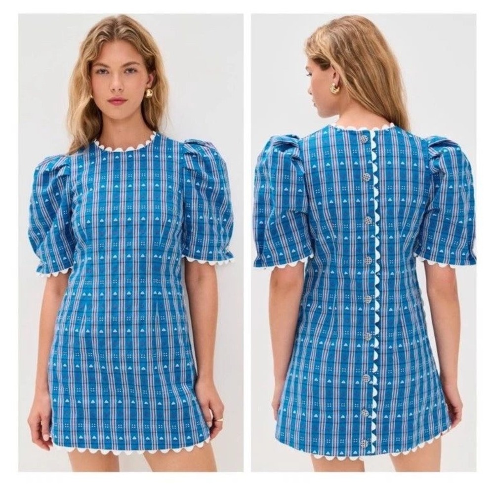 CeliaB Carmen Mini Dress Women XS Blue Nautical Plaid Scallop Puff Sleeve Vacay
